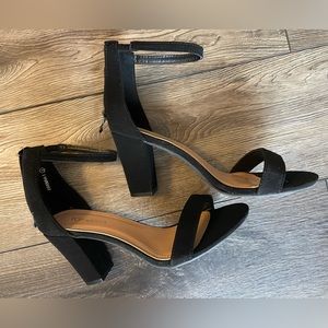 NEW black high heeled sandals with ankle strap, size 9